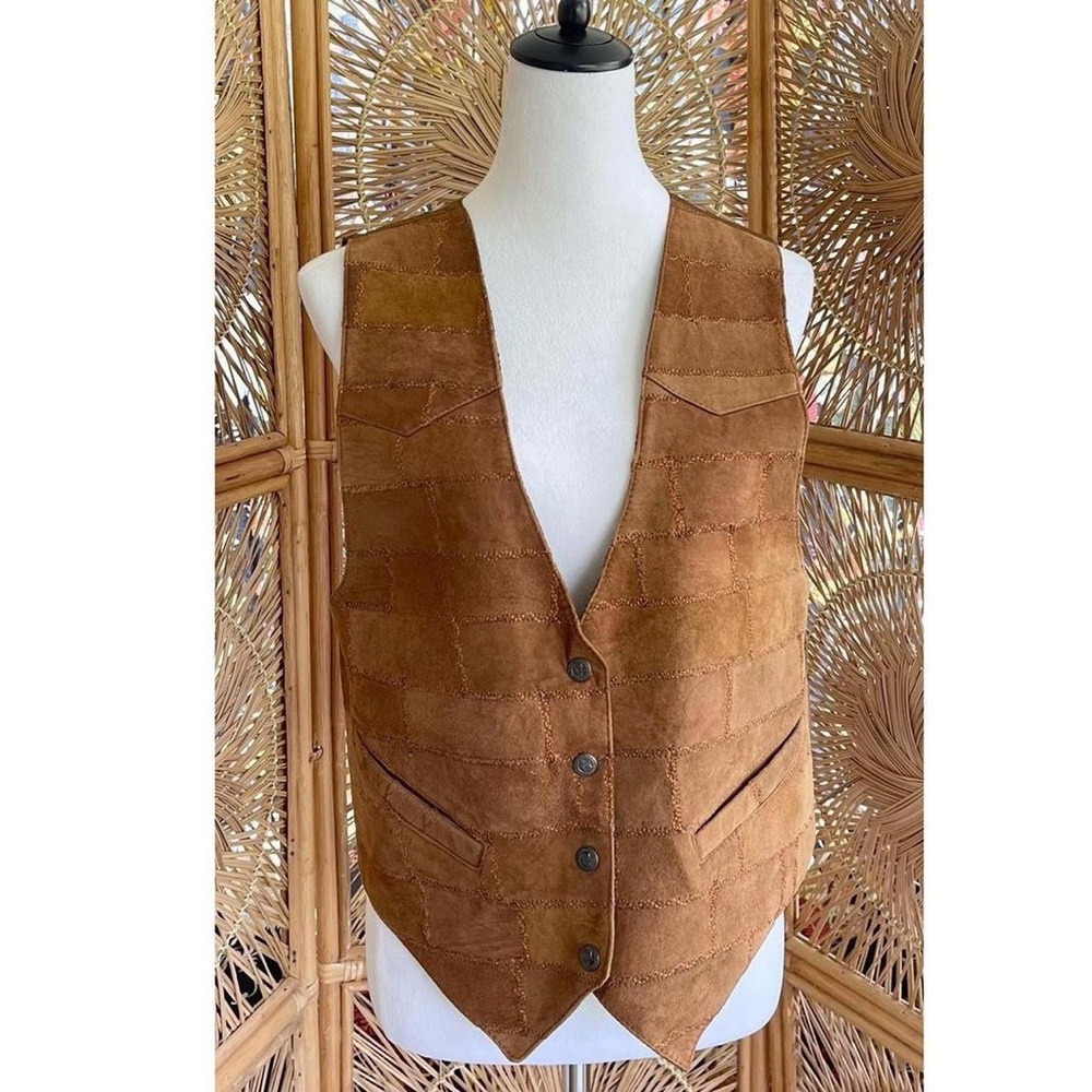 Vintage PTNY Brown Leather Patchwork Vest Medium - Picture 6 of 7